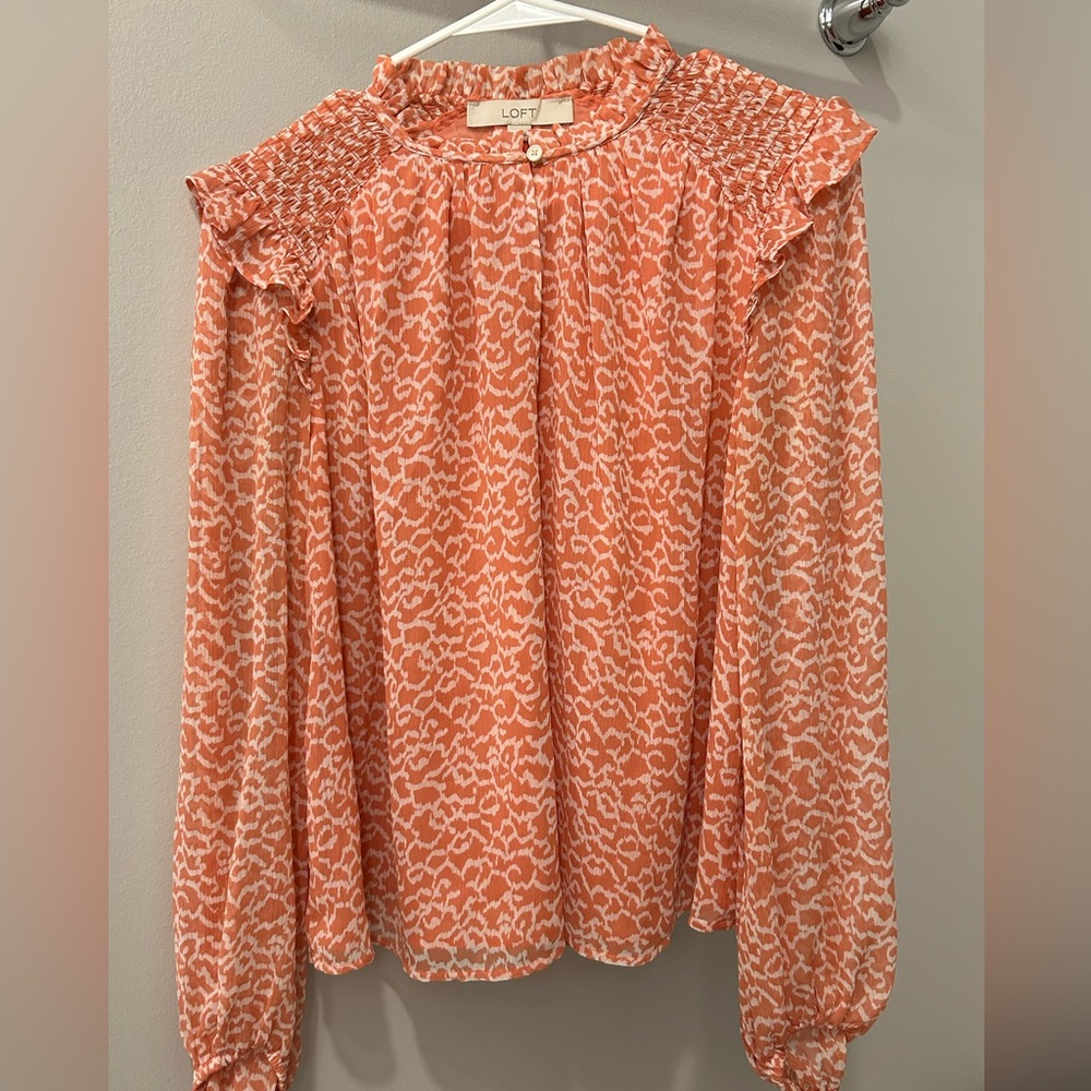 LOFT Coral and Cream Blouse with Ruffled Neckline- NEW W/O TAGS